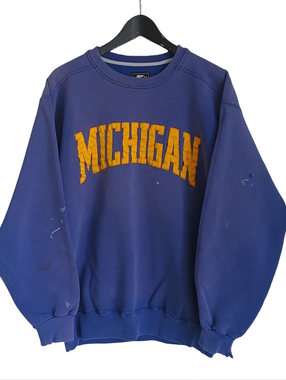 Vtg 90s USA Starter Michigan Spellout Crewneck Distressed Paint Splatter Size L